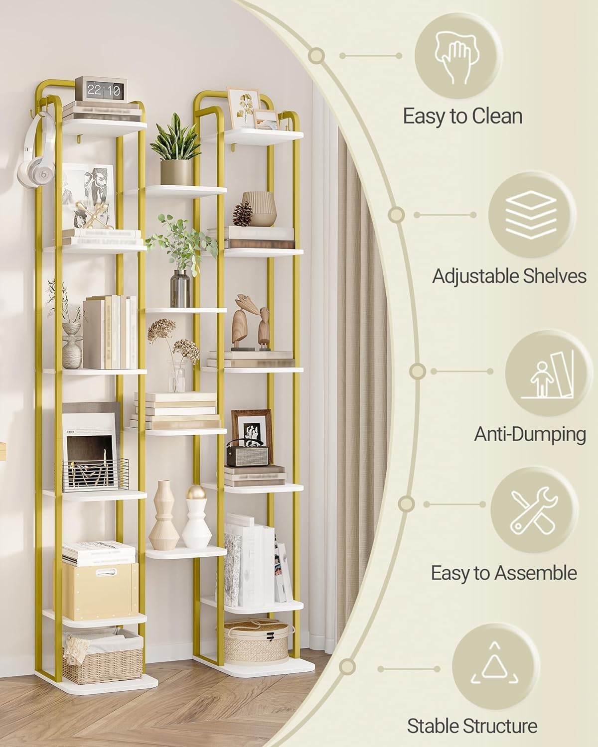 10 Tiers Vertical Shoe Rack, Narrow Shoe Tower, Tall Shoes Shelf with 2 Hooks, Adjustable Shelves, Corner Shoes Shelves for Small Spaces, Entryway, Living Room, White Gold SR11213A