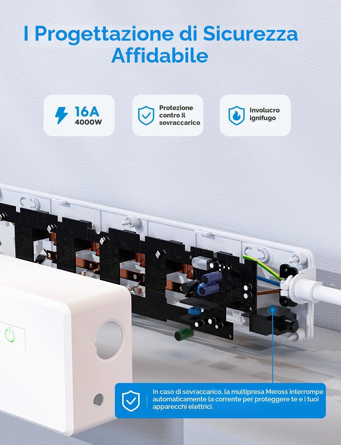 MerossMultipresa collegata (tipo E), 16A WiFi compatibile con Apple HomeKit, Alexa e Google Home (4 prese AC e 4 porte USB), intelligente con controllo vocale