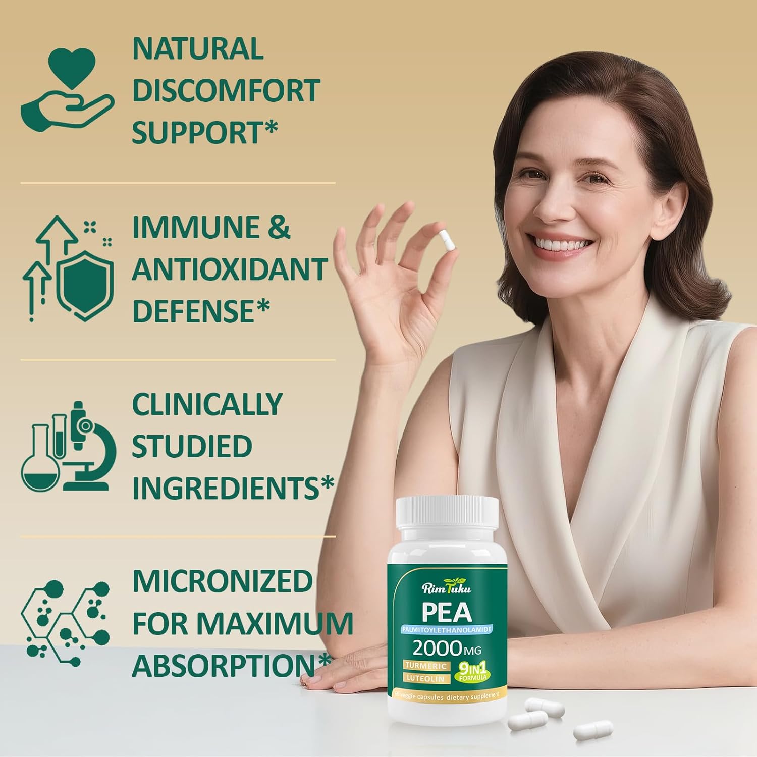 Liposomal Palmitoylethanolamide 2000MG + Luteolin 200MG + Turmeric 200MG & Fisetin 100MG, Micronized Pea 99% Highly Purified Enhanced Absorption Pea Supplement, 60 Capsules - Image 4