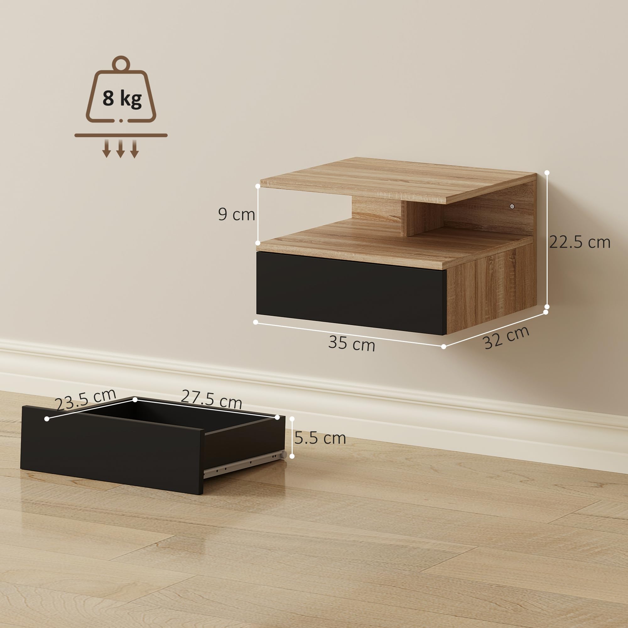 HOMCOM Set da 2 Comodini Sospesi per Camera da Letto, 2 Comodini per Camera da Letto Soggiorno, Salvaspazio Design, con Cassetto e Mensola Superiore in Legno, 35x32x22.5cm, Nero e Rovere