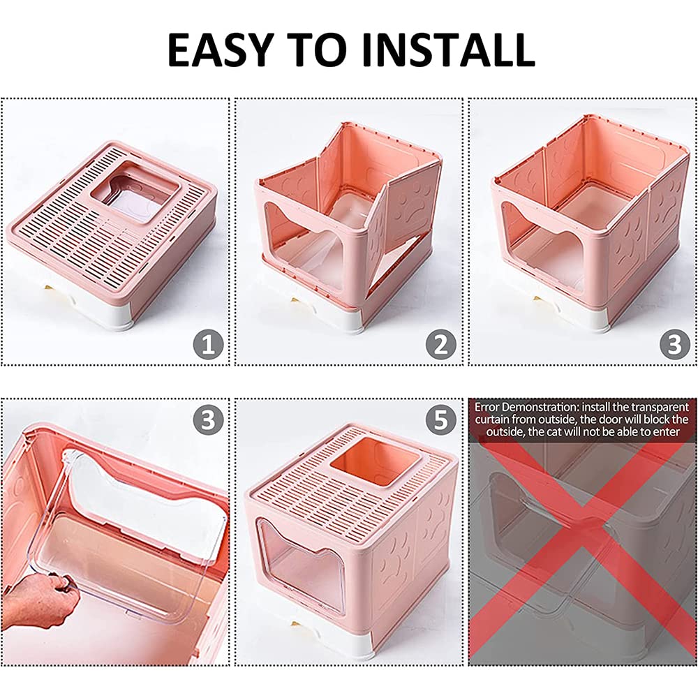 Bandeja de arena cerrada para gatos, gran casa Deles WC para gatos plegable con tapa con extracción de bandeja, pala y adecuada para gatos grandes (rosa cerezo, 51 x 41 x 38)