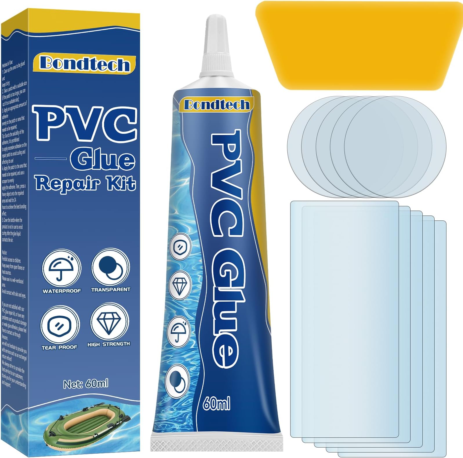 Bondtech Paddling Pool Repair Kit Waterproof, Hot Tub Repair Kit Transparent, for Inflatable Spas, Air Bed, Bouncy Castle & Inflatables, Tent, PVC Glue (60ml)