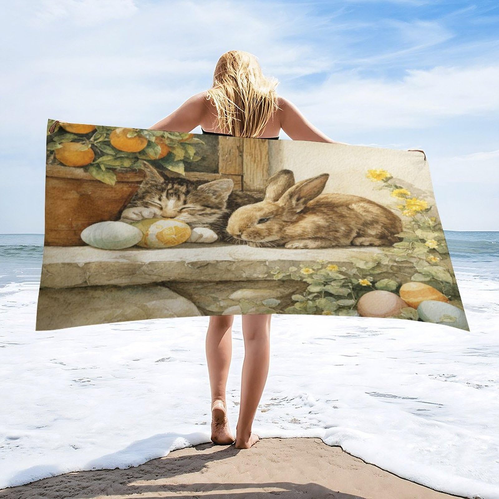 Luyysky Cute Vintage Kitten Bunny Quick-Drying Beach Towel, Watercolor Colorful Easter Eggs Flowers Animal Rabbit Cat Travel Vacation Single Sided Pile Bathroom Towels-80 W Cm X 160" L Cm