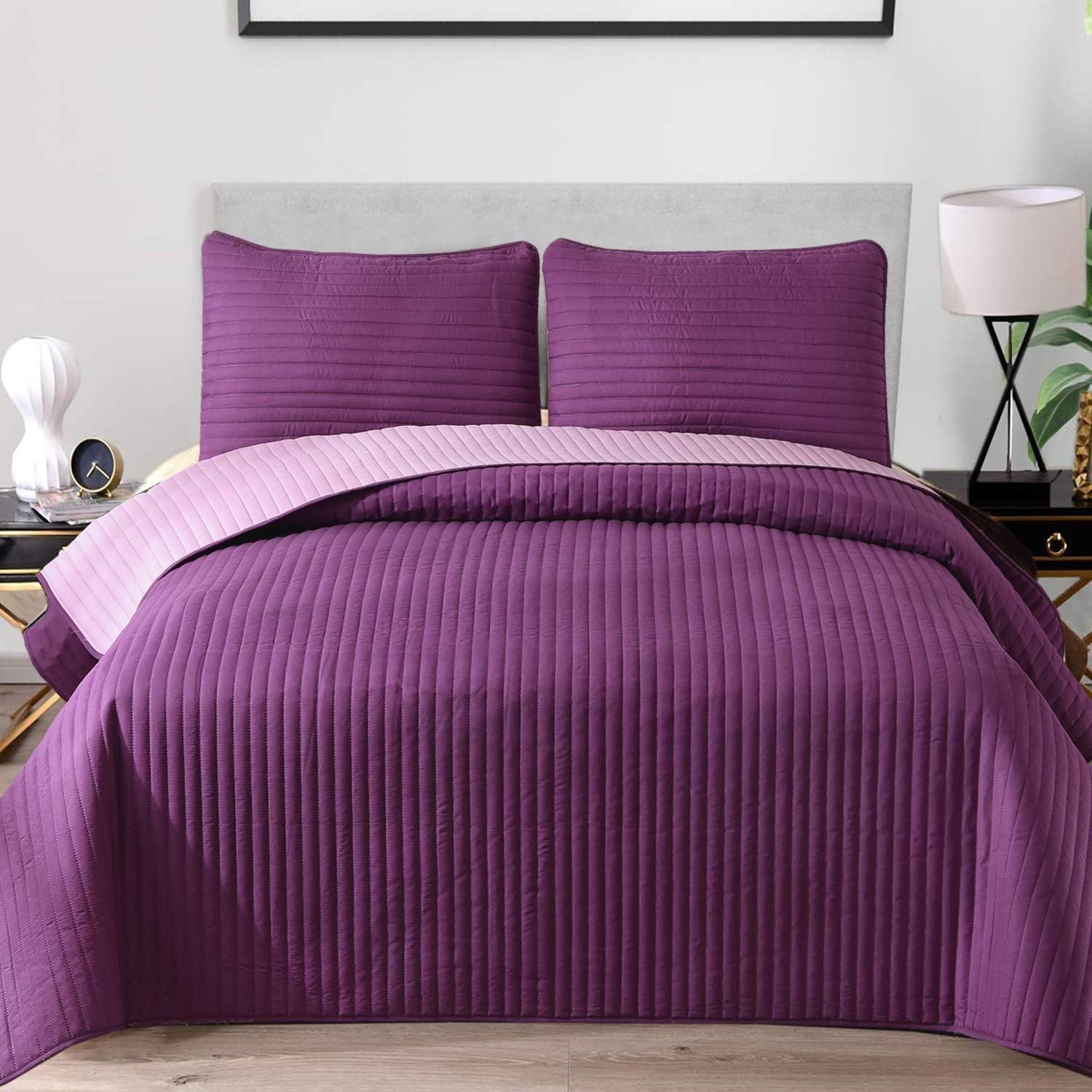 Exclusivo Mezcla Ultrasonic Reversible 3 Piece King Size Quilt Set with Pillow Shams, Lightweight Bedspread/Coverlet/Bed Cover - (Purple, 92"x104")