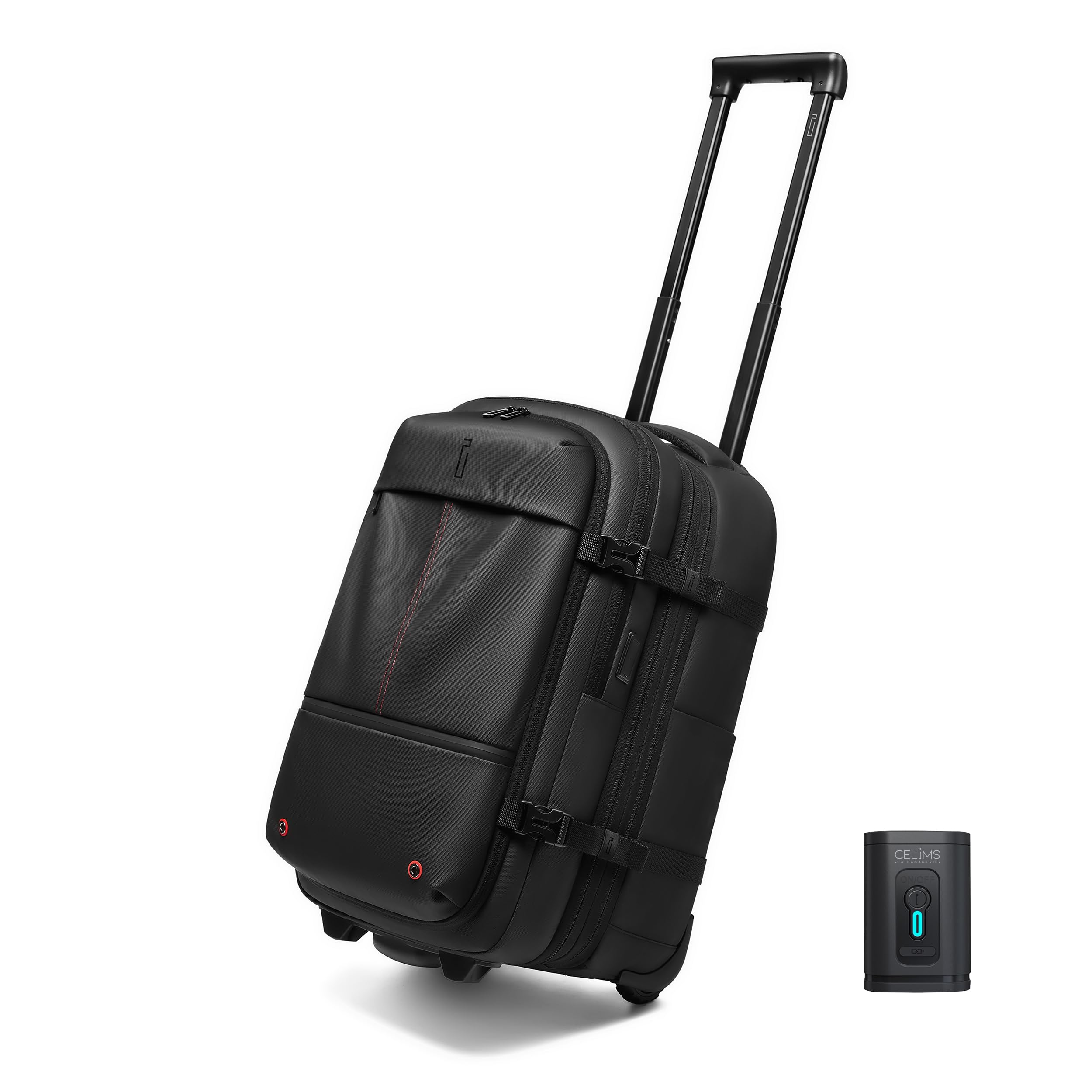 CELIMS - Reiserucksack mit Vakuumfach und Trolley mit Luftpumpe | Handgepäck-Reisetasche mit Trolley | Handgepäck-Vakuumkoffer | Erweiterbar | Wasserdicht | Rollen | Schwarz