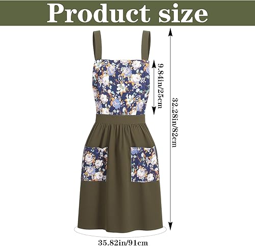 Miniatura 2 de Delantales para mujer, delantal vintage verde oliva con bolsillos, estampado floral para cocinar, hornear, cocina, jardinería