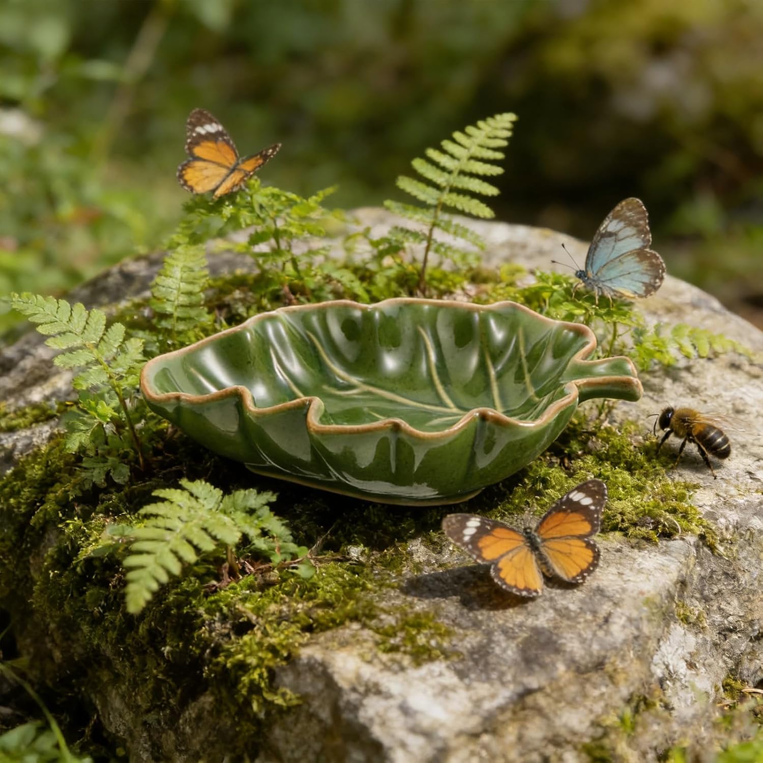 Butterfly Feeder: Outdoor Ceramic Butterfly Puddler and Bee Watering Station - Leaf Shaped Water Tray Garden Feeding Dish Decor for Garden Lawn Yard