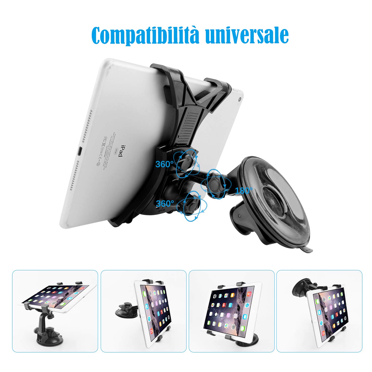 Soporte para tablet de coche, ajustable a 360 grados con fuerte ventosa para parabrisas salpicadero de 7 a 10,5 pulgadas