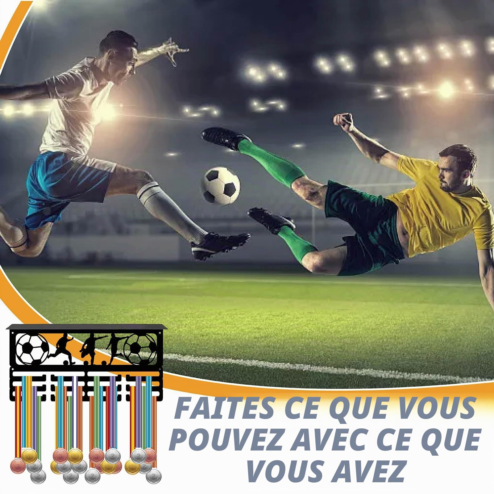 CREATCABIN Support D'Affichage Médaille Football Étagère Trophée avec 24 crochets Présentoir Trophée Médaille Métal Cadre Support Mural Cintre D'Affichage Ruban pour Récompenses Course 40x20cm Noir