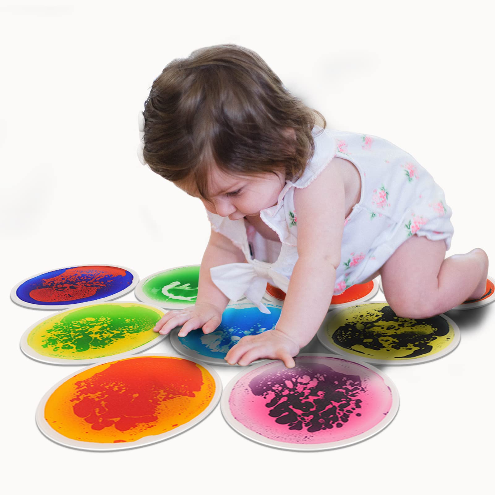 Photo 1 of Art3d 9PCS Round Sensory Floor Tiles for Kids, Toddlers and Children, Colorful Liquid Sensory Activity Mat for Active Play and Decorative 11.8" x 11.8" Multi Color 9