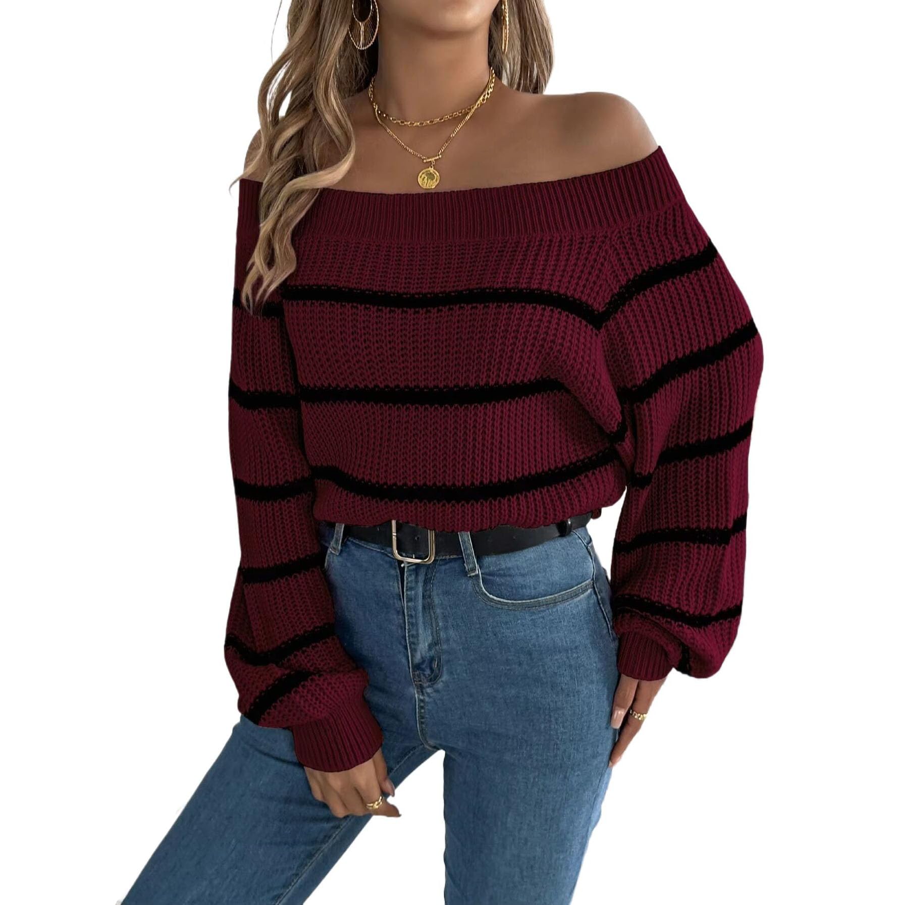 Autumn and Winter Casual Striped Lantern Long Sleeved Off Shoulder Pullover Women Sweater