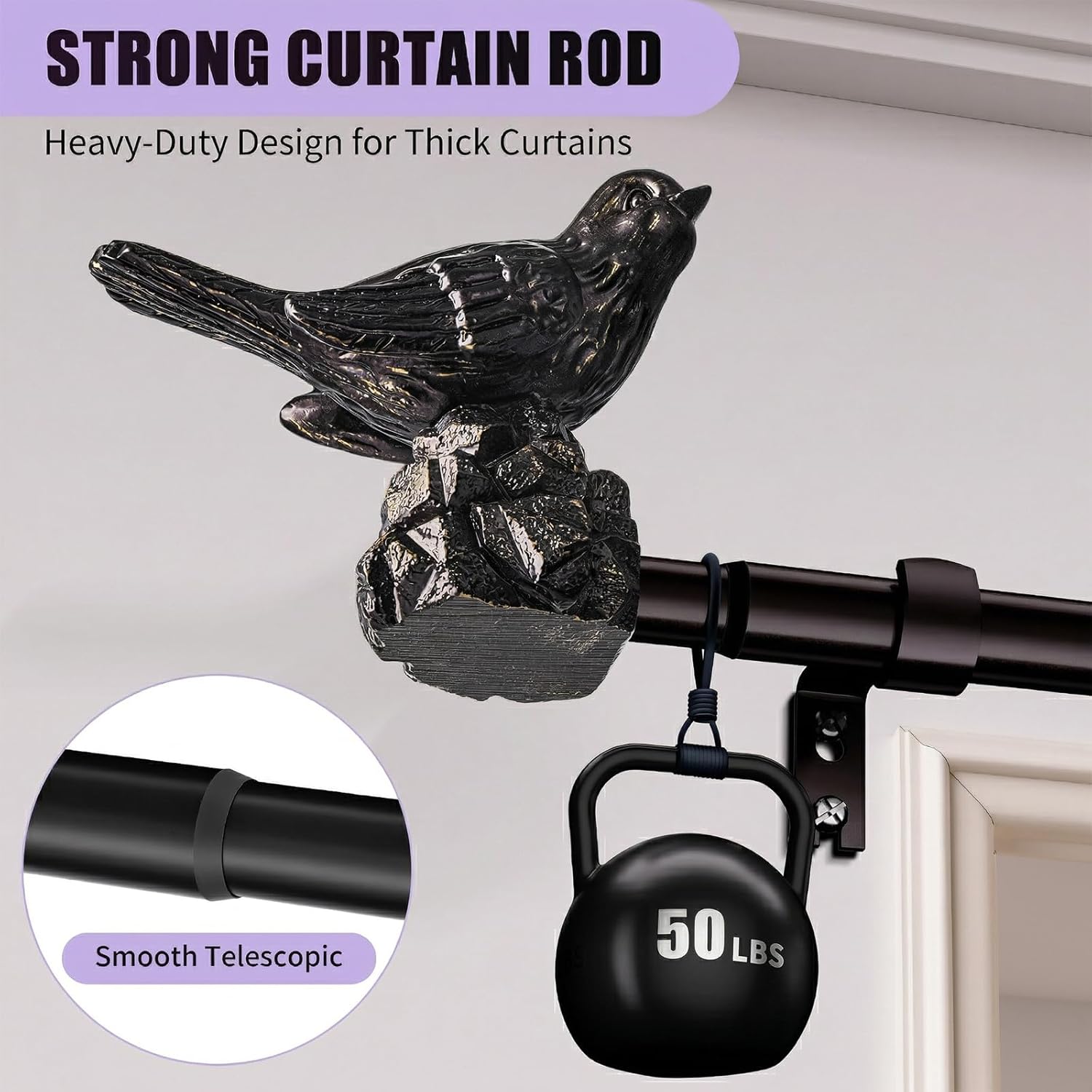 Curtain Rod 36 to 72 Inches Vintage Oil Bronze Curtain Rods for Windows Adjustable Heavy Duty Drapery Rod with Bird Finials for Living Room Bedroom