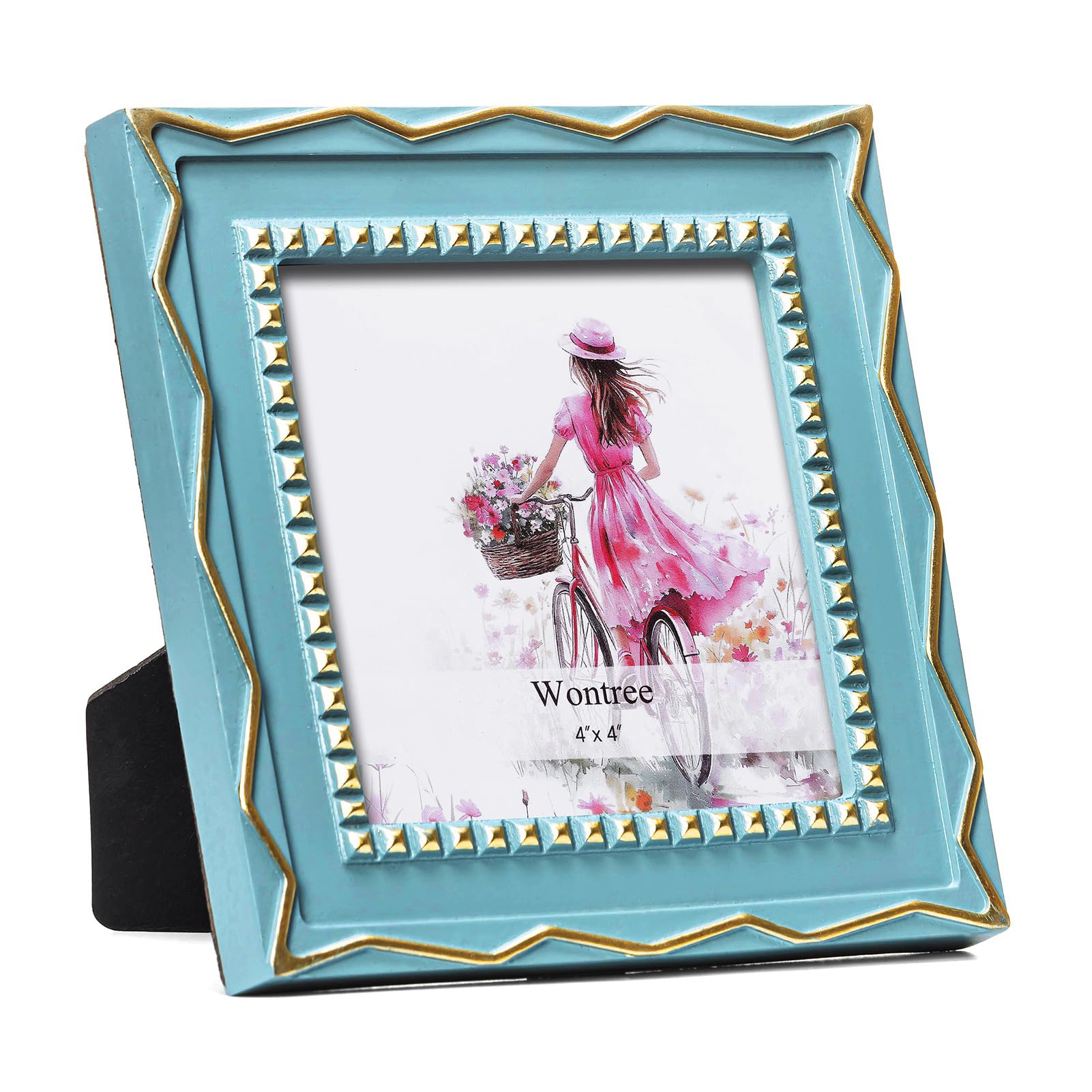 4x4 Picture Frame, Gold Beads &amp; Swirls Against Muted Blue, Resin Frame with Real Glass, Vertical and Horizontal Desk Tabletop or Wall Hanging
