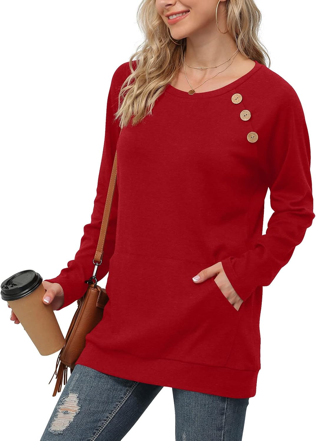 Yincro Women's Casual Long Sleeve Tunic Top - Button-Up Blouse, Coffee Color, X-Large - View #8