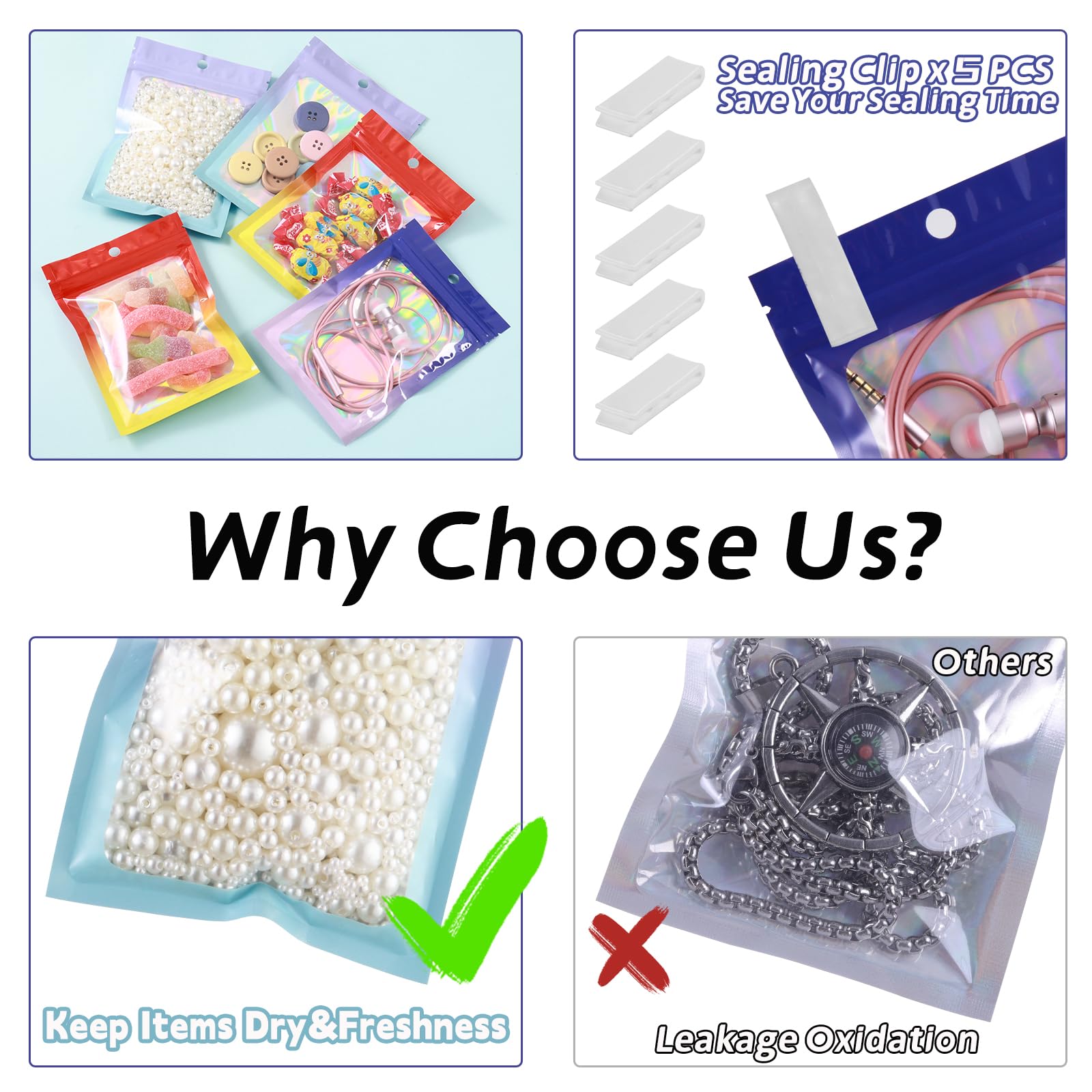 350 bolsas de Mylar a prueba de olores de 4 x 6 para almacenamiento de alimentos, bolsas de Mylar resellables degradadas con ventana transparente, bolsa de embalaje holográfica con cierre hermético