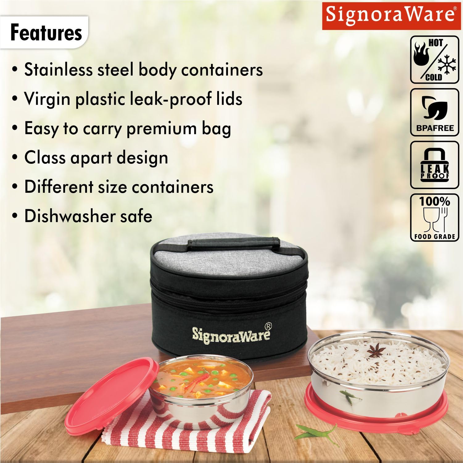 Signora Ware Stainless Steel Lunch Box Set - Red -4