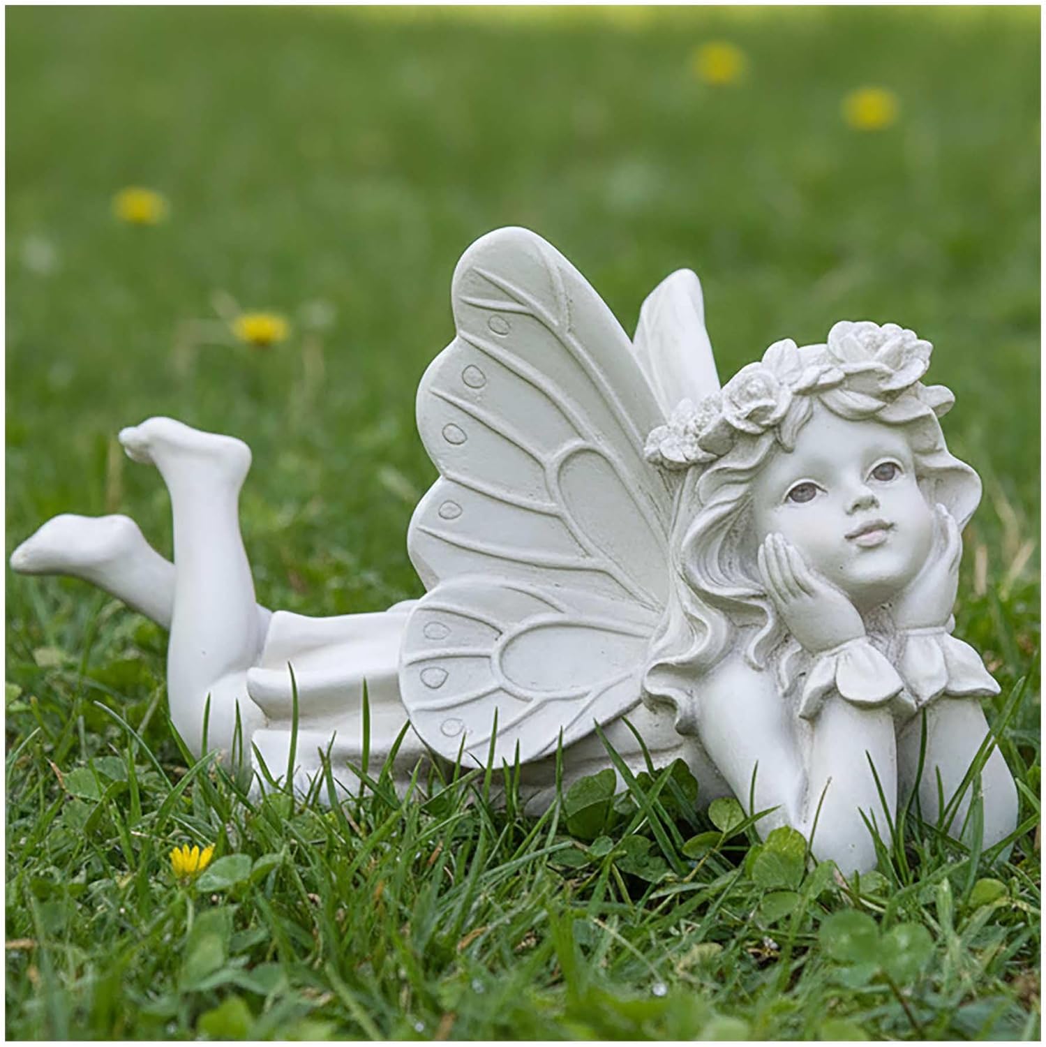 Lying Fairy Garden Statue with Hands on Chin – Outdoor Resin Angel Figurine for Yard, Patio or Lawn Decor – 10.24” Hand-Painted Fairy for Garden Fairy Scenes & Whimsical Outdoor Displays