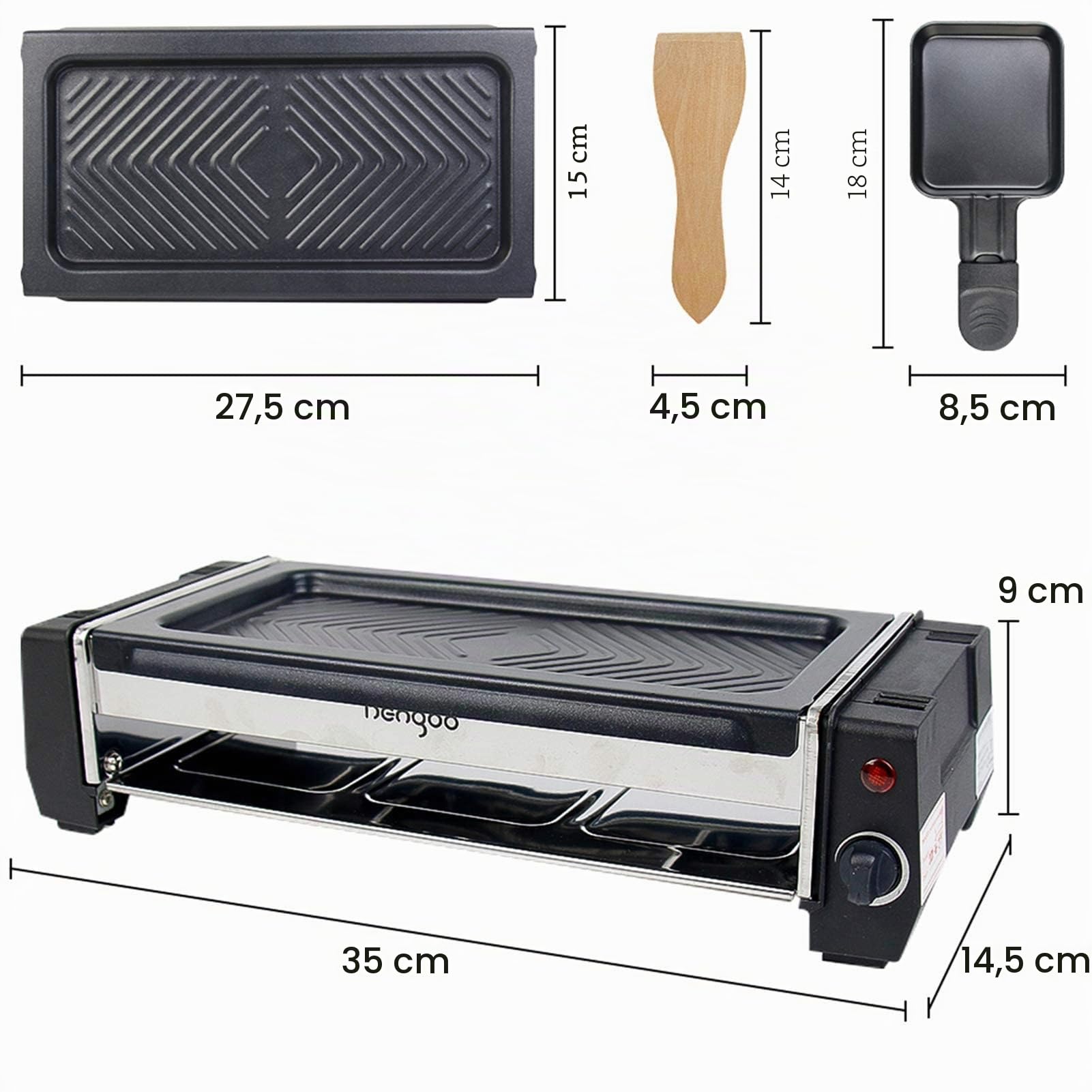 HengBo Raclette Parrilla para 2 Personas, Grill Portátil con una Plato de Parrilla y 3 Mini Sartenes, Temperatura Ajustable, Recubrimiento Antiadherente, 700W, Acero Inoxidable, Negro