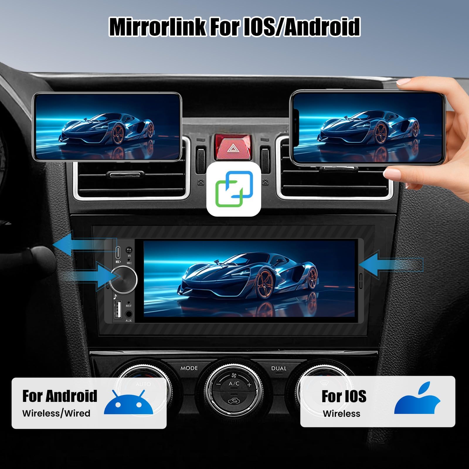 CAMECHO [CARPLAY] 1-DIN radio samochodowe z bezprzewodowym CarPlay i Android Auto ekranem IPS 6,28 cala dotykowym radio do samochodu 1 DIN z Bluetooth łączeniem lustrzanym FM EQ MP5