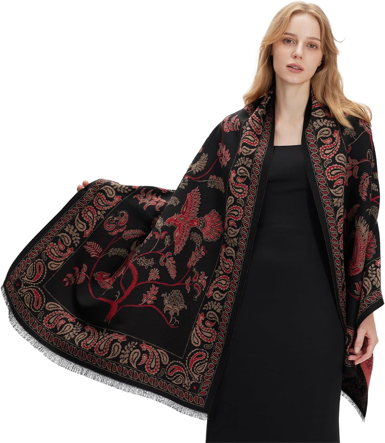 zero season Pashmina Shawl Wrap for Women Printed Scarf for Evening Dress, Wedding, Bridesmaid Gift, Formal Event, Blanket Poncho Cape Black Flowers Birds Paisley Pattern - Image 7