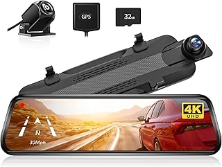 WOLFBOX G930 4K 10" Rear View Mirror Camera, Dash Cam Front and Rear for Car with 32GB Card, Touch Screen Smart Rear View Mirror Backup Camera, Parking Monitor, Reverse Assist, GPS, Support 256GB Max