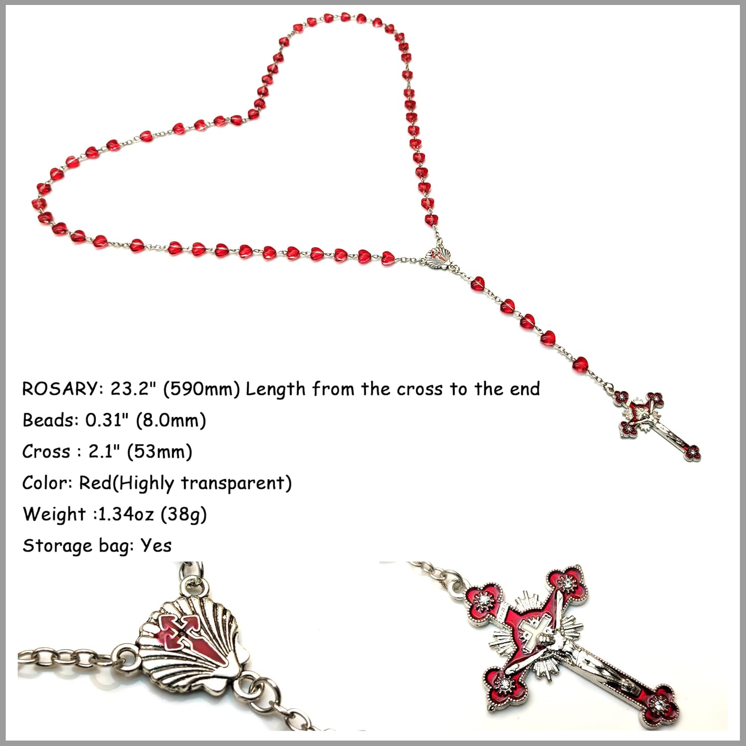 Rosary Beads Chaplet heart-shaped Artificial Crystal Glass Rosery Cross Catholic gifts - Image 4