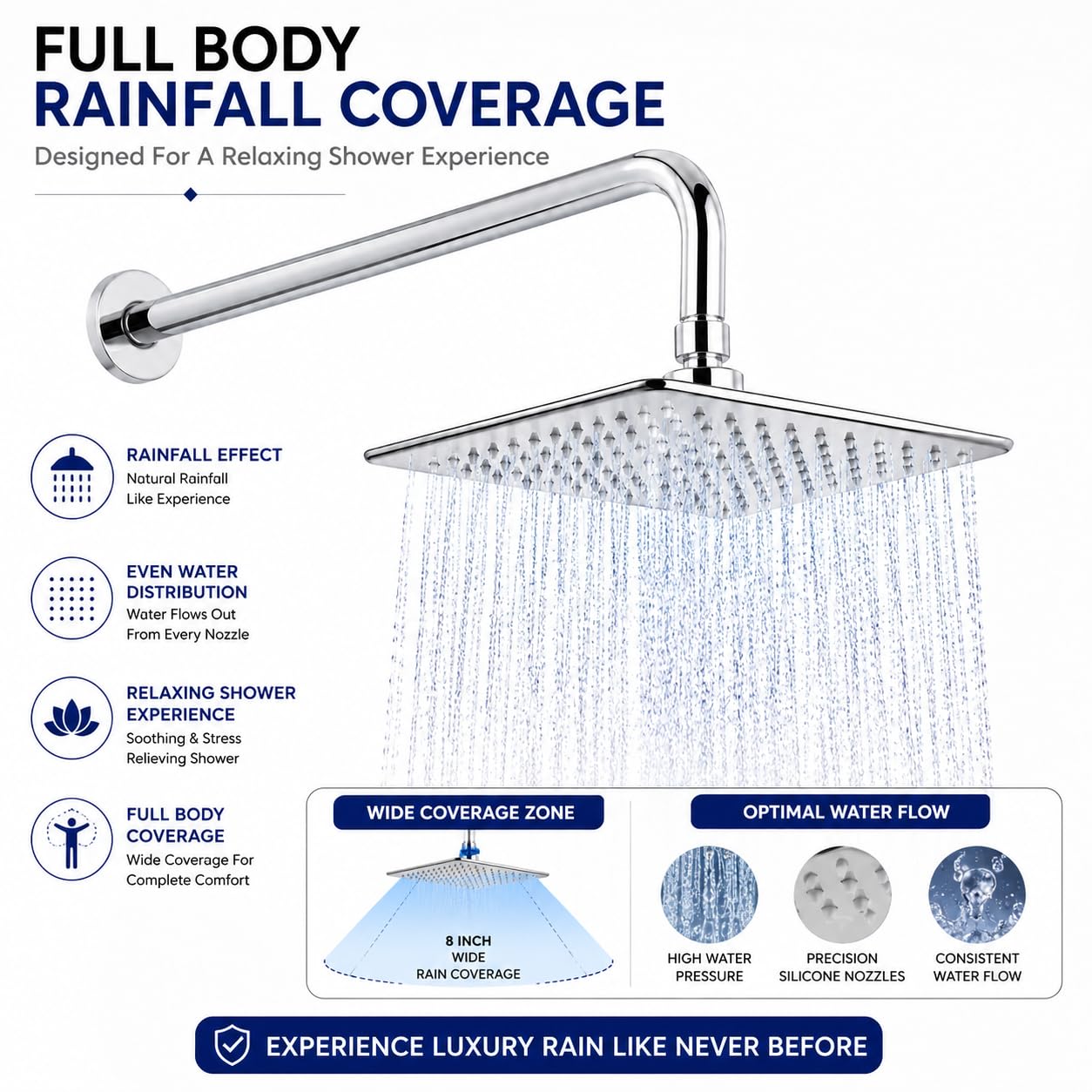 ZAP Hexa Ultra 8 Inch Square Overhead Shower with 15 Inch Curved Arm | 304 Stainless Steel Rain Shower Head | Ultra Slim Chrome Finish | Wall & Ceiling Mount Compatible | Bathroom Shower Set 3
