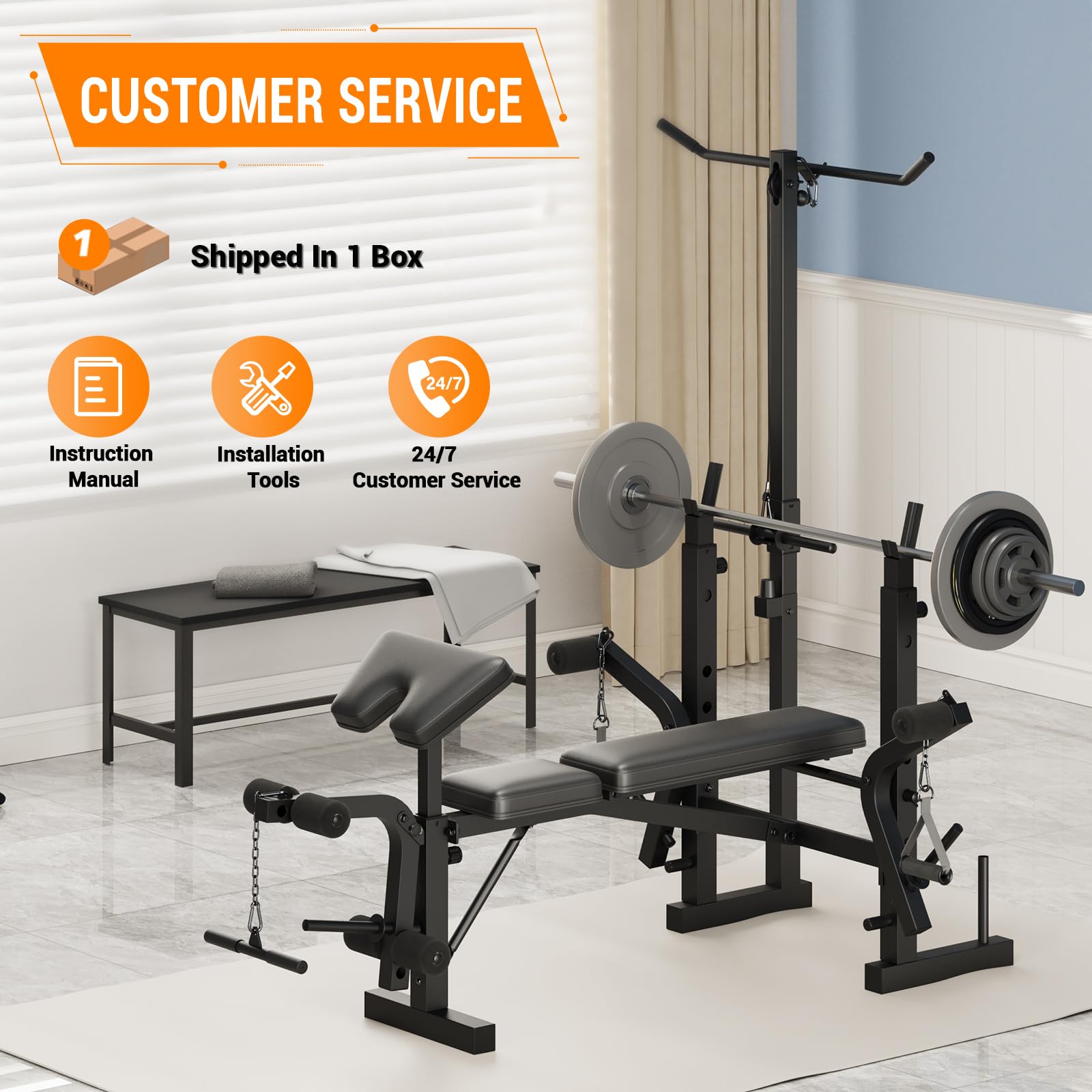 6-In-1 Foldable Weight Bench with Leg Extension & Preacher Curl, Adjustable Bench Press Station for Home Gym, 600LB Capacity, Compact Strength Training Bench for Dumbbell & Barbell Workouts