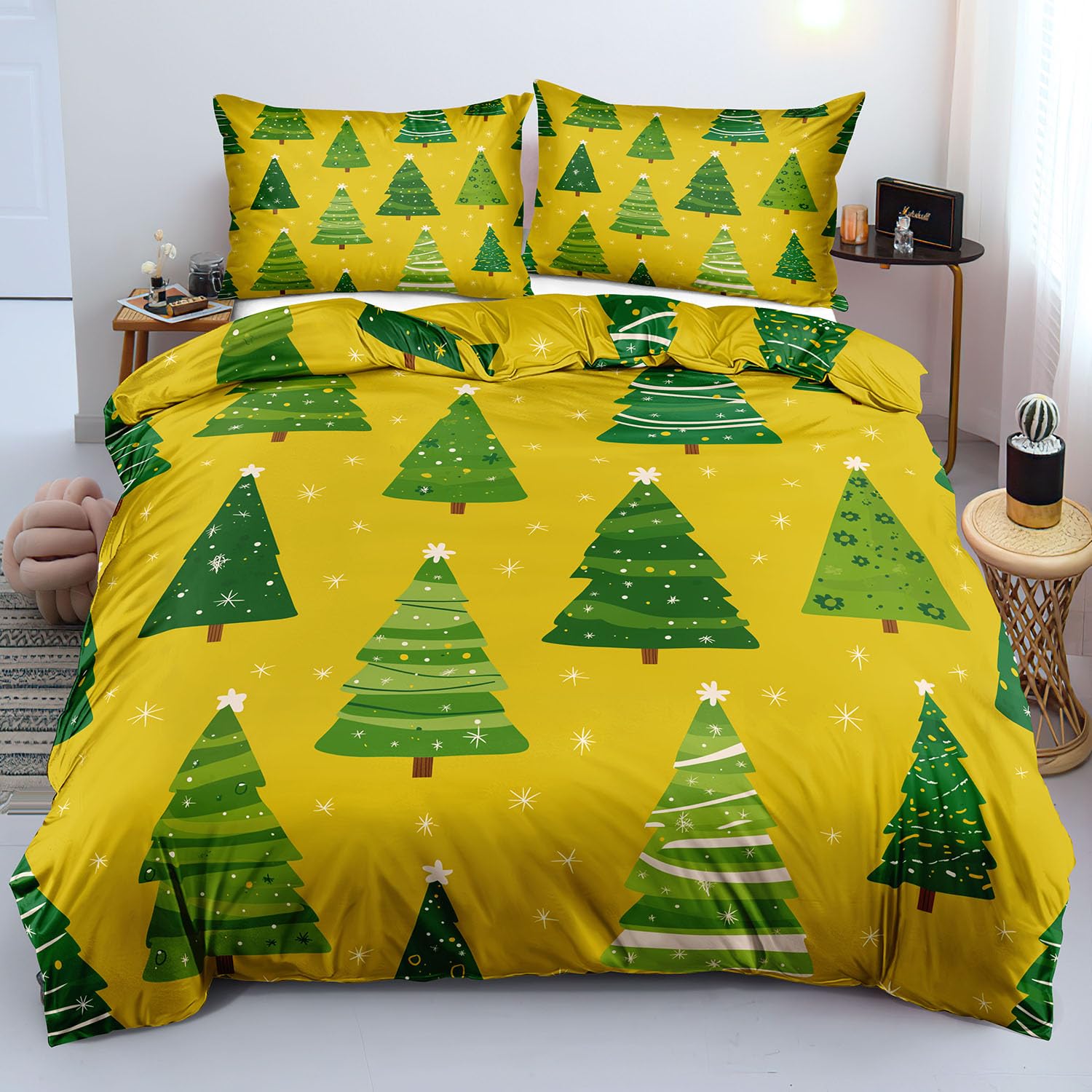 Housse de couette sapin de Noël anti-pli et chaude pour lit d'ado jaune doux