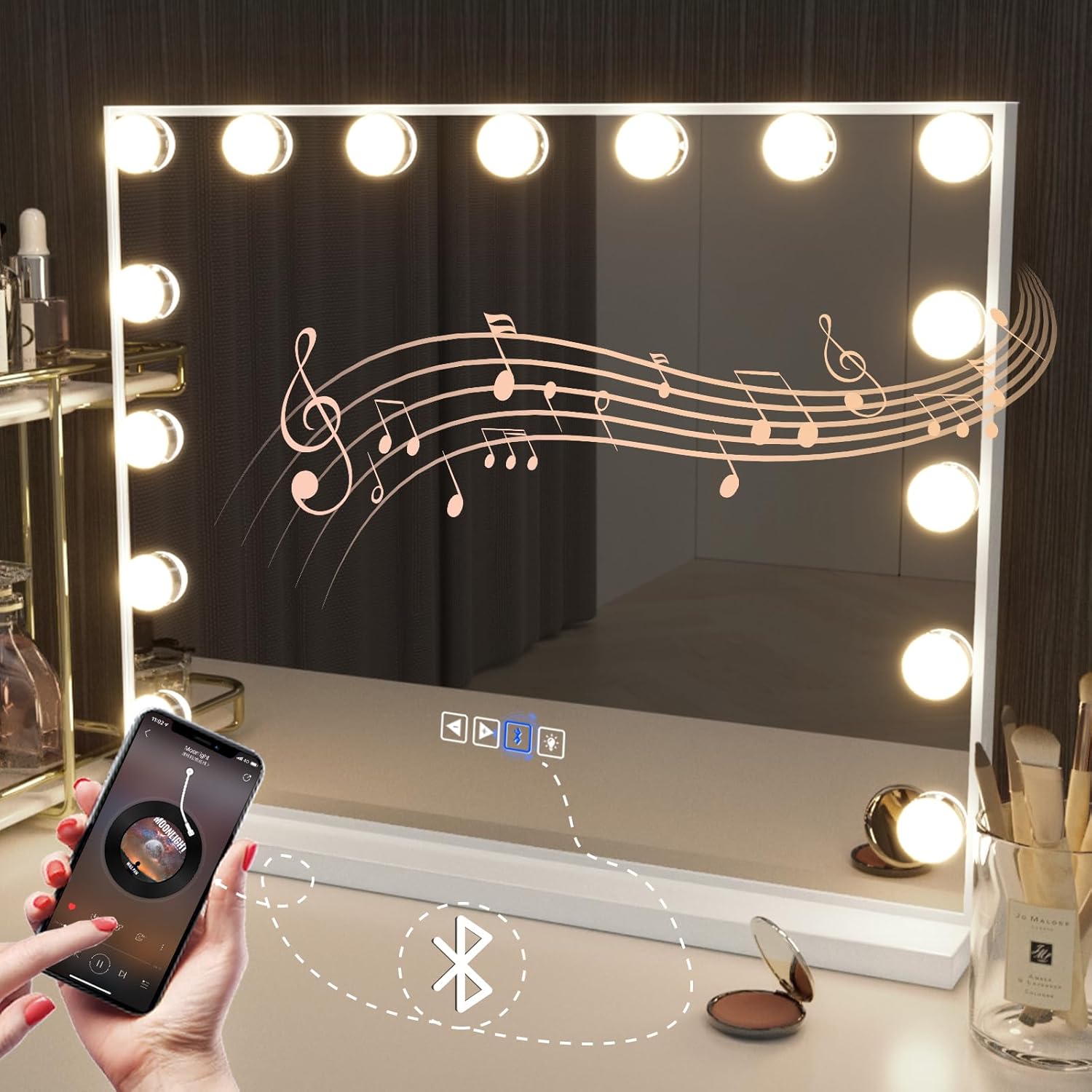Hansong Vanity Mirror with Lights and Speaker22''x18'' Hollywood Makeup Mirror with 15 LED Bulbs Lighted Vanity Nakeup Mirror 3 Lighting Modes 10X Magnification White