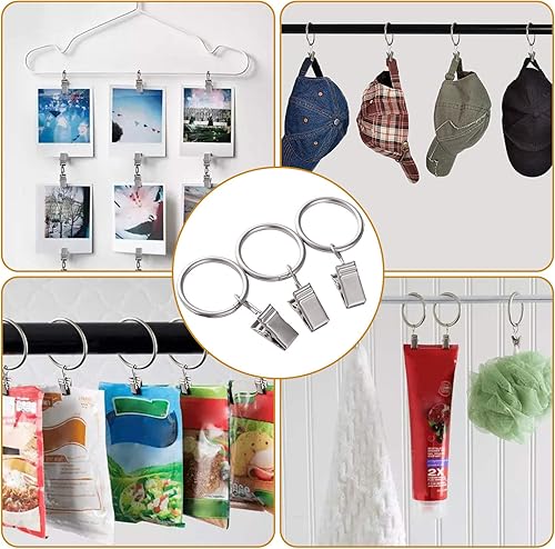 Miniatura 5 de Anillos de cortina con ganchos de clips, 100 anillos de cortina de metal de acero inoxidable de 1 pulgada para soporte de barra de tensión, ojales