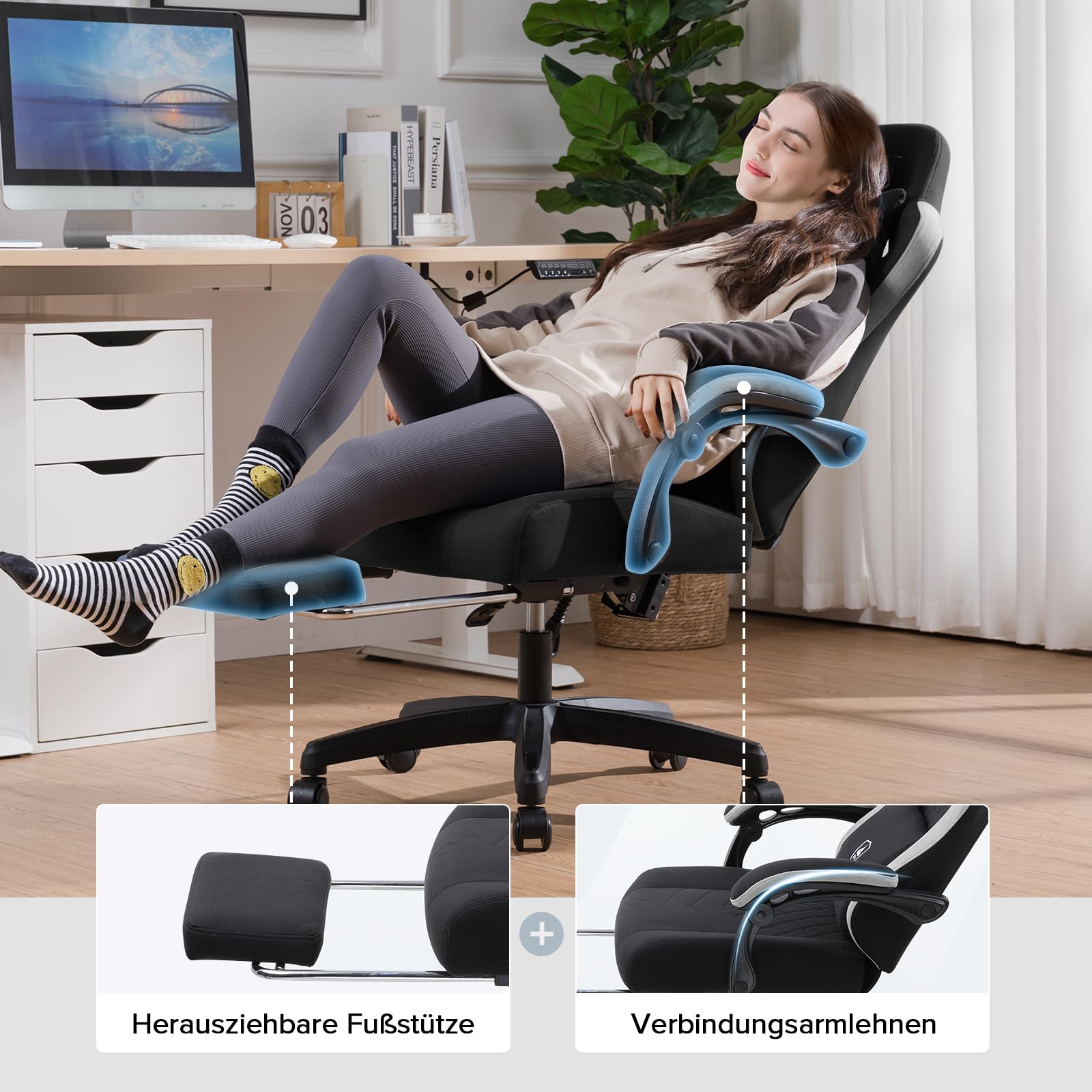 GTPLAYER Gaming Stuhl Ergonomischer Sessel mit Stoffoberfläche, Federsitzkissen, Armlehnen und Fußstütze 150KG, hellschwarz