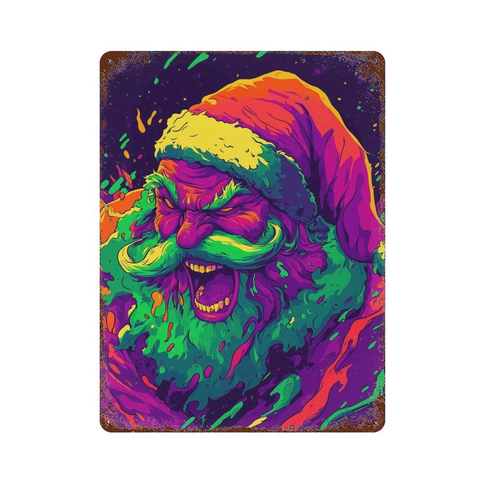 Garage Style Trippy Santa Claus Aged Metal Wall Plaque 15.7"x11.8", Farmhouse Wall Decor for Bar And Workshop