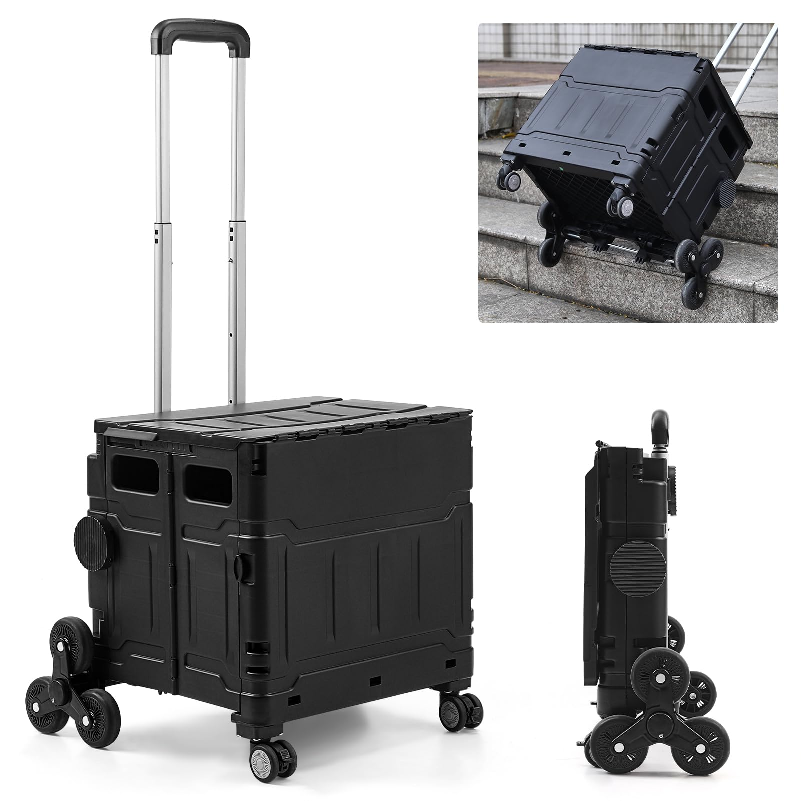 The Fellie Folding Shopping Cart Trolley with One-piece Lid, 50L & 35KG Collapsible Trolley Box Cart with Aluminium Telescopic Handle, Boot Cart with Stair Climbing Wheels for Shopping Camping(Black)