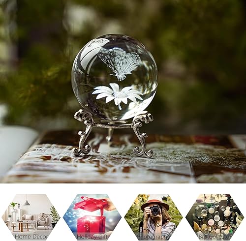 Miniatura 6 de HDCRYSTALGIFTS Figura de flor de mariposa de cristal láser 3D pisapapeles decorativo con soporte de floración chapado en plata esfera de cristal