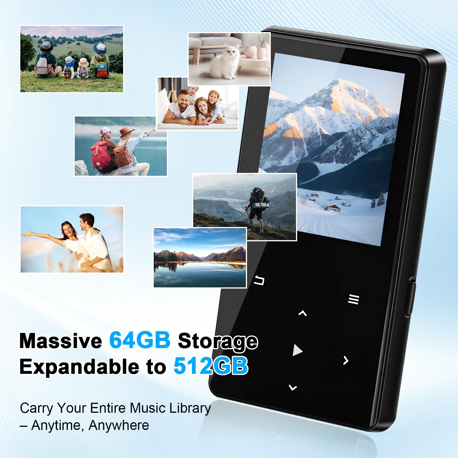 Lettore MP3 da 64 GB con Bluetooth, lettore musicale portatile con altoparlante, radio FM, audio HiFi, mini lettore audio digitale con cuffie incluse