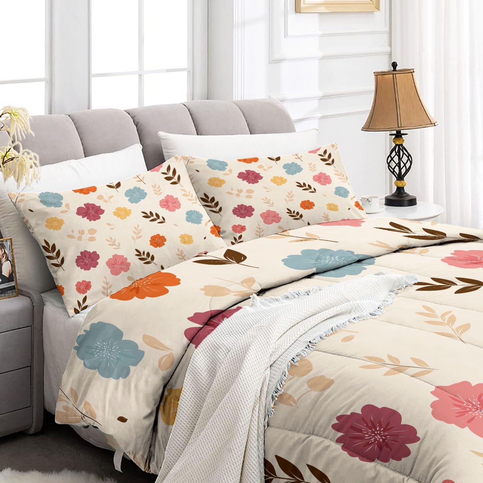 CozyRest Edredon Relleno nordico Cama Infantil Algodón - Floral Acuarela Dibujos Animados Cama 90 - Bebe rellena Juego de Manta 150x200 cm con Almohada 50 x 75 cm por niños e niñas Beige