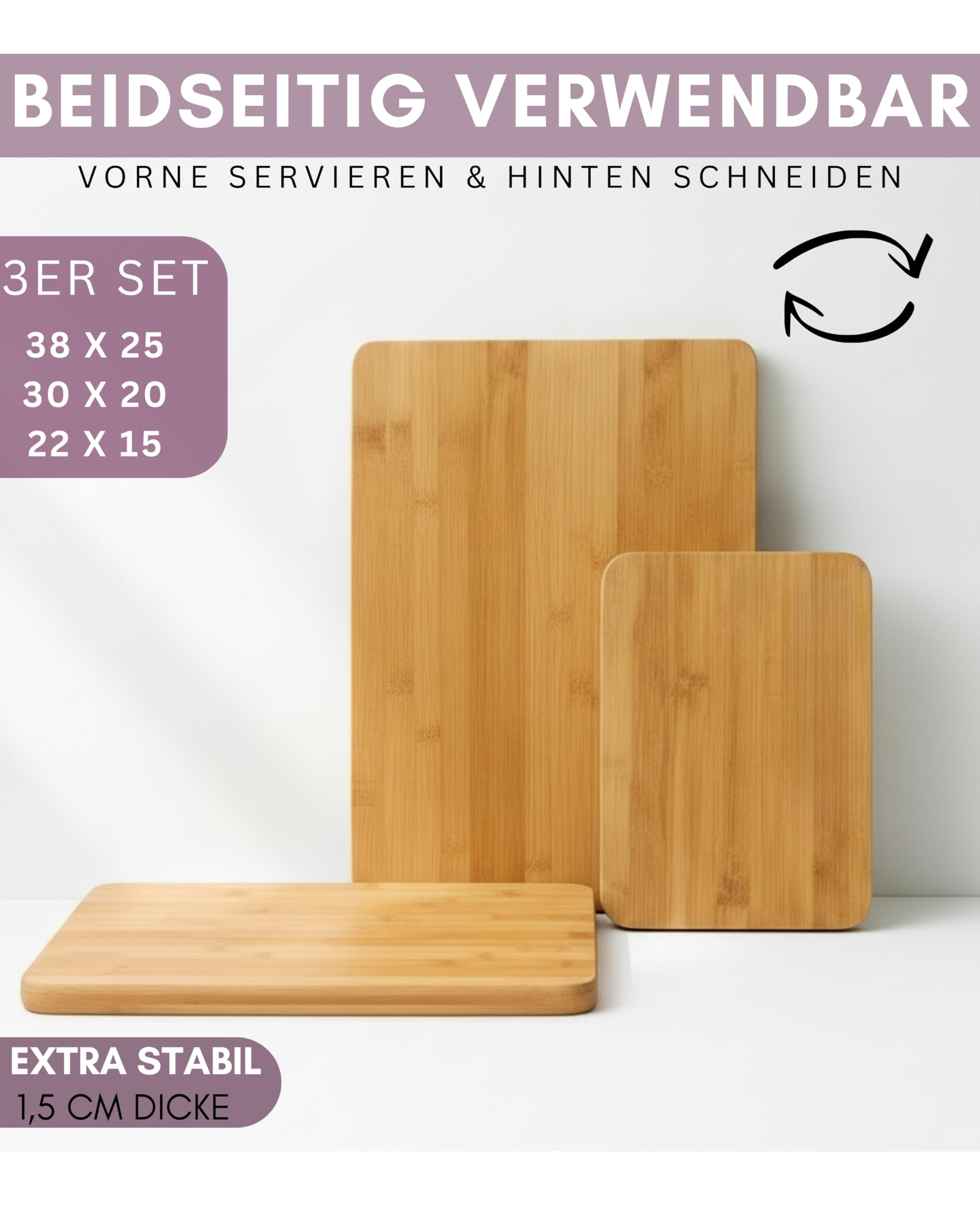 Juego de 3 tablas de cortar de bambú natural 38x25 30x20 22x15 cm 1,5 cm antibacteriana
