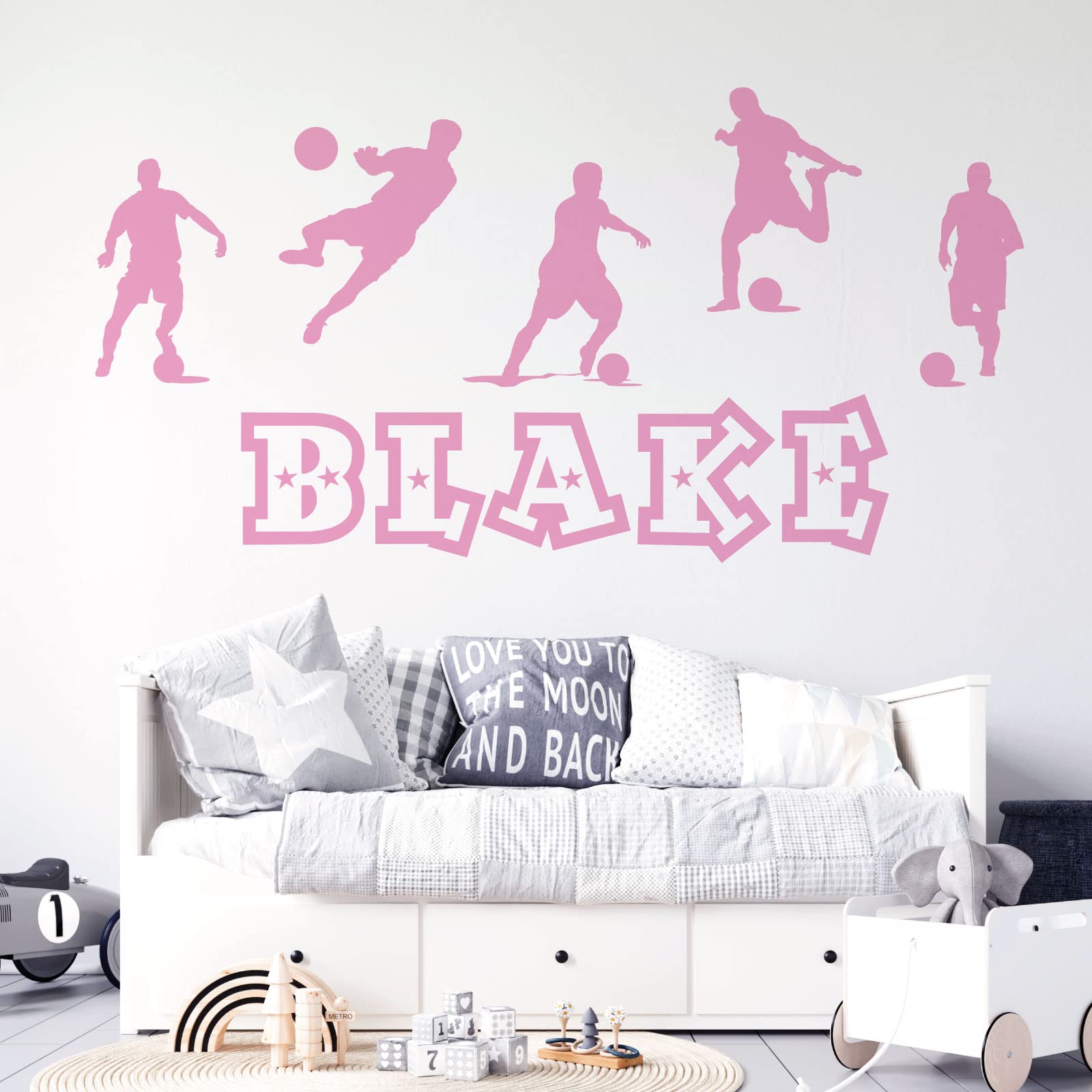 Personalised Name Boys Wall Art Sticker - Football, Soccer Game Silhouettes Theme [Large] [Pink]