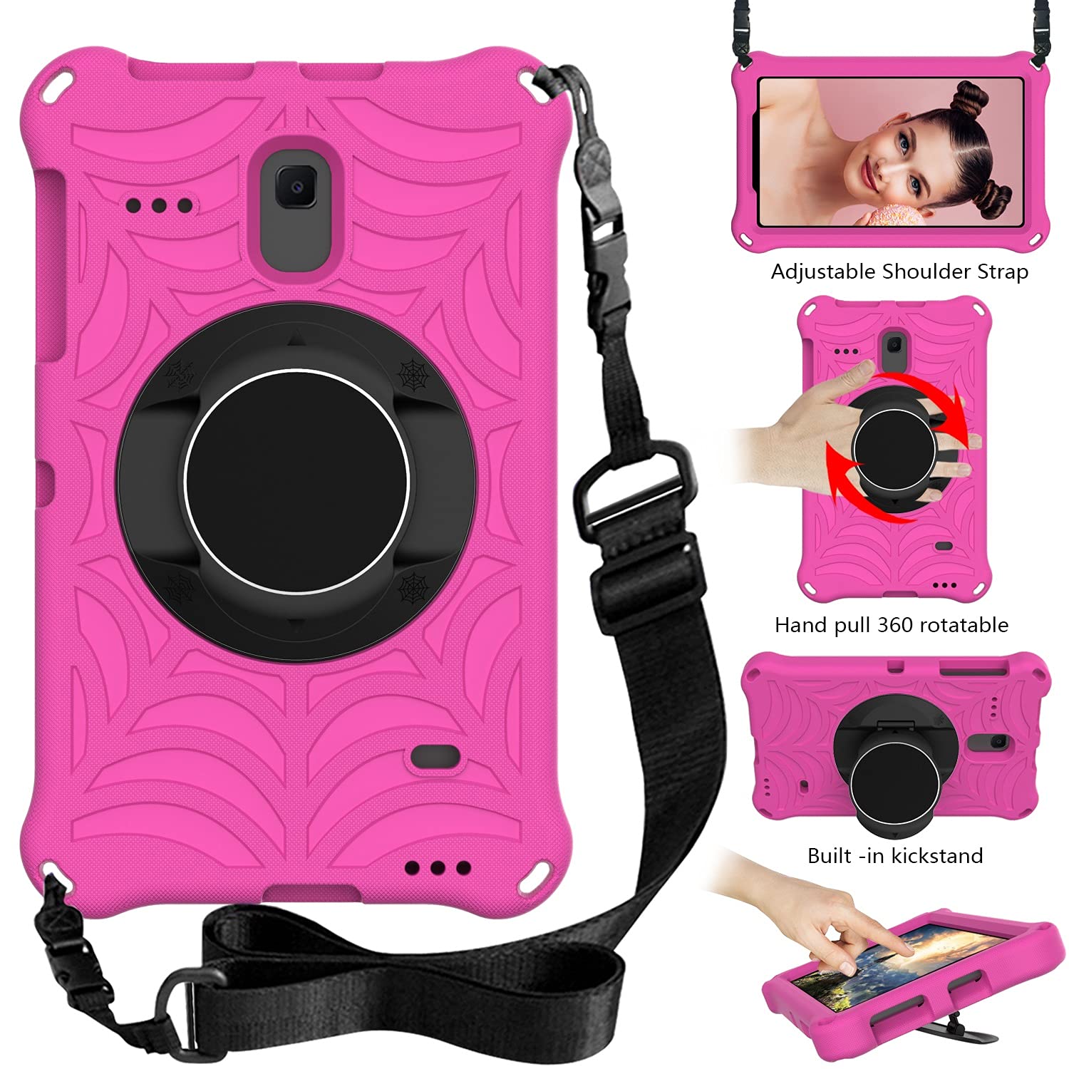 Housse de protection pour tablette Étui Compatible with tablette Samsung Galaxy Tab A T385/T380 (2017), coque de protection antichoc Compatible with enfants, béquille, bandoulière, antidérapante(Rose