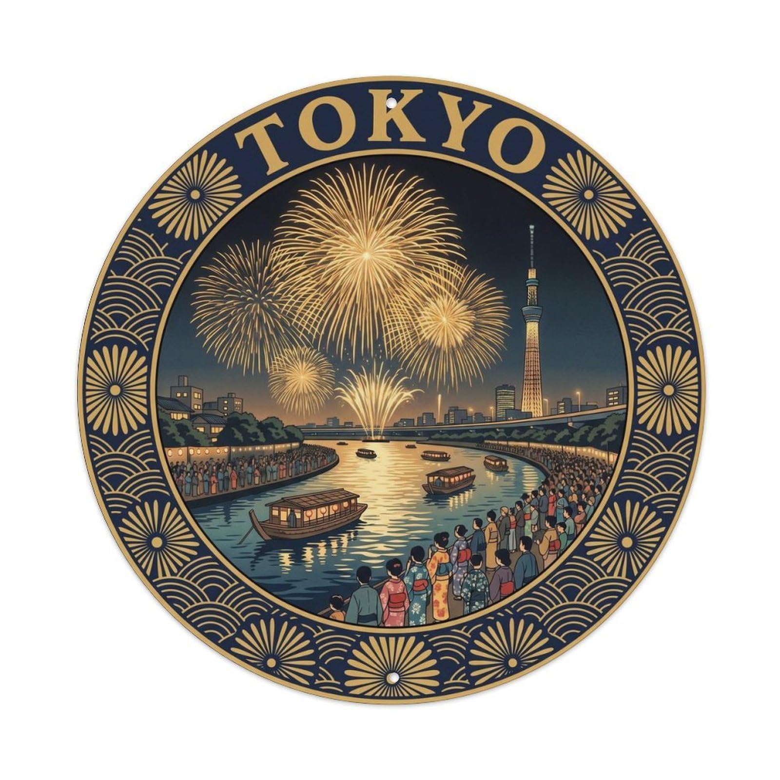 Okahys 8X8inch Classic Style Tokyo Sumida River Fireworks Festival Folk Culture Metal Tin Sign