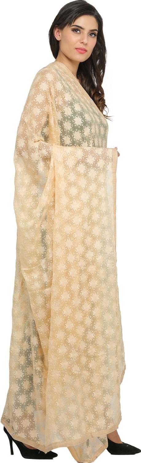 Exotic India Phulkari Dupatta from Punjab with Embroidered Bootis in Self-color Thread - Chiffon - Image 2