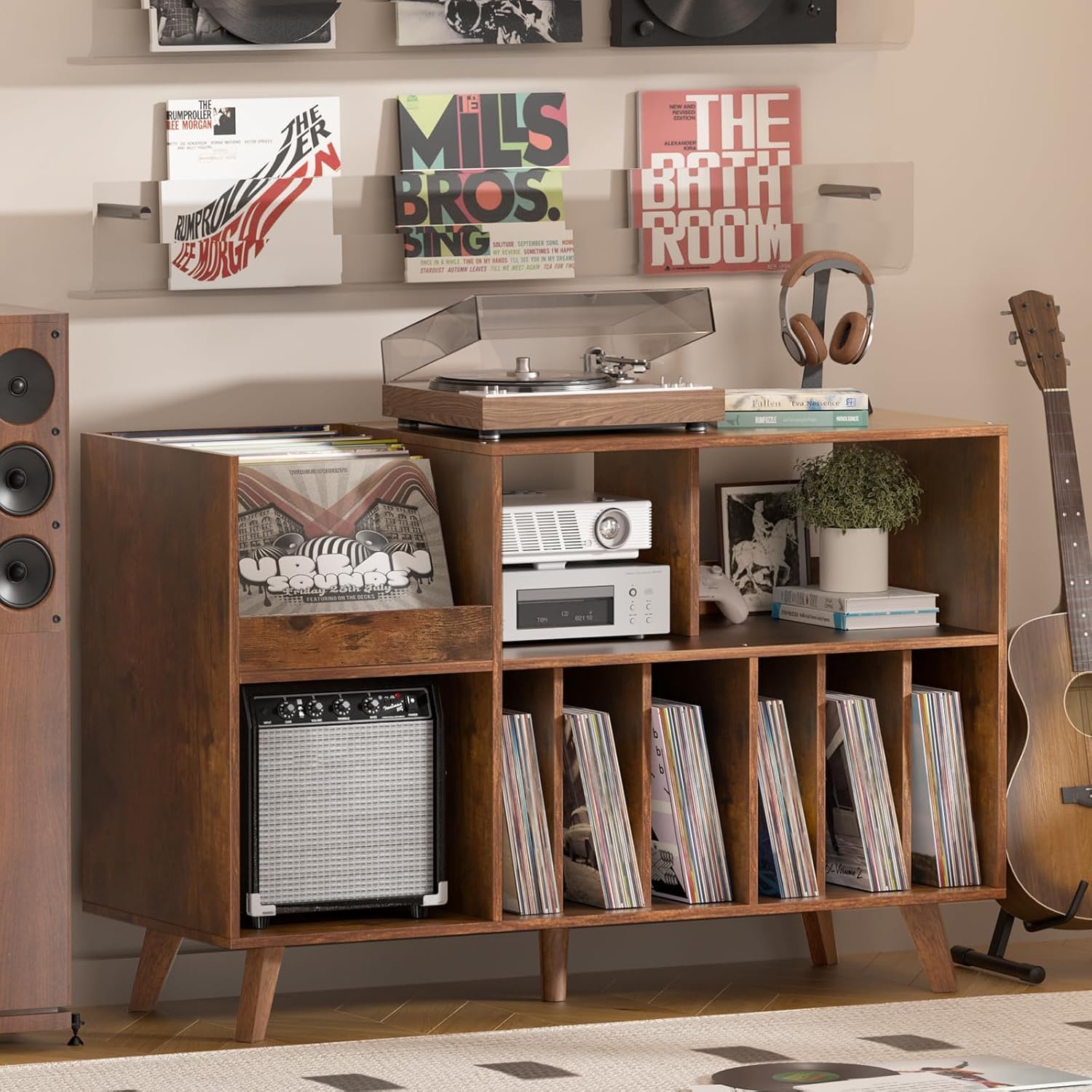 LELELINKY Large Record Player Stand, 48‘’Turntable Stand with Storage, Vinyl Record Holder with Display Area, Record Player Table Holds Up to 450