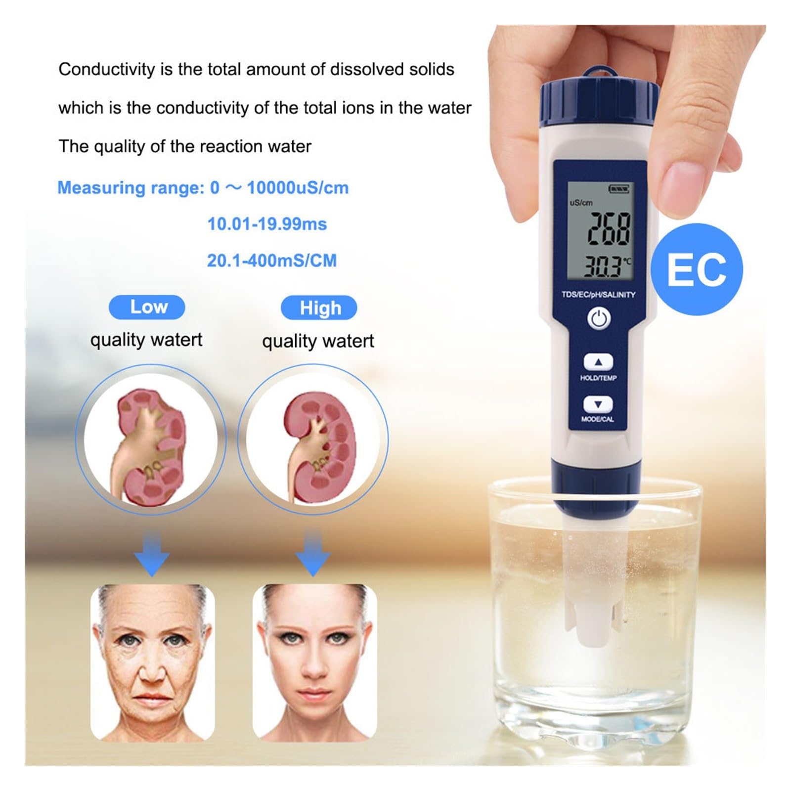 TDS Testeur, Compteur de qualité de l'eau à Fonction 5 en 1, testeur de salinité PH TDS EC avec rétro-éclairage for l'aquaculture, l'eau Potable et la Piscine(with Backlight)
