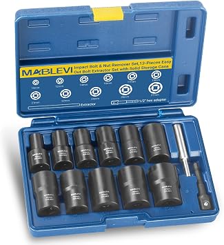 MABLEVI 13 PCS Bolt Extractor Set, 1/2" Drive Impact Lug Nut Remover Socket Tool with Center Punch Bar for Damaged, Frozen, Studs, Rusted, Rounded-Off Bolts & Screws