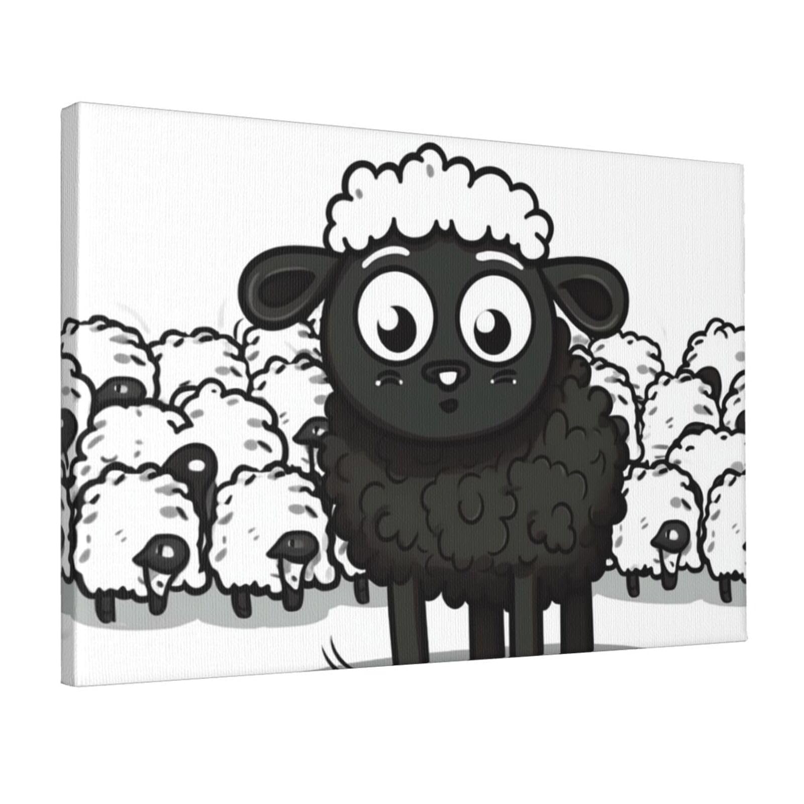 KLOPH Cartoon Black White Sheep Canvas Wall Art for Living Room 12"x18" Modern Artwork Painting for Bathroom Hanging Canvas Prints Aesthetic Wallart for Bedroom Kitchen Office Wall Decor