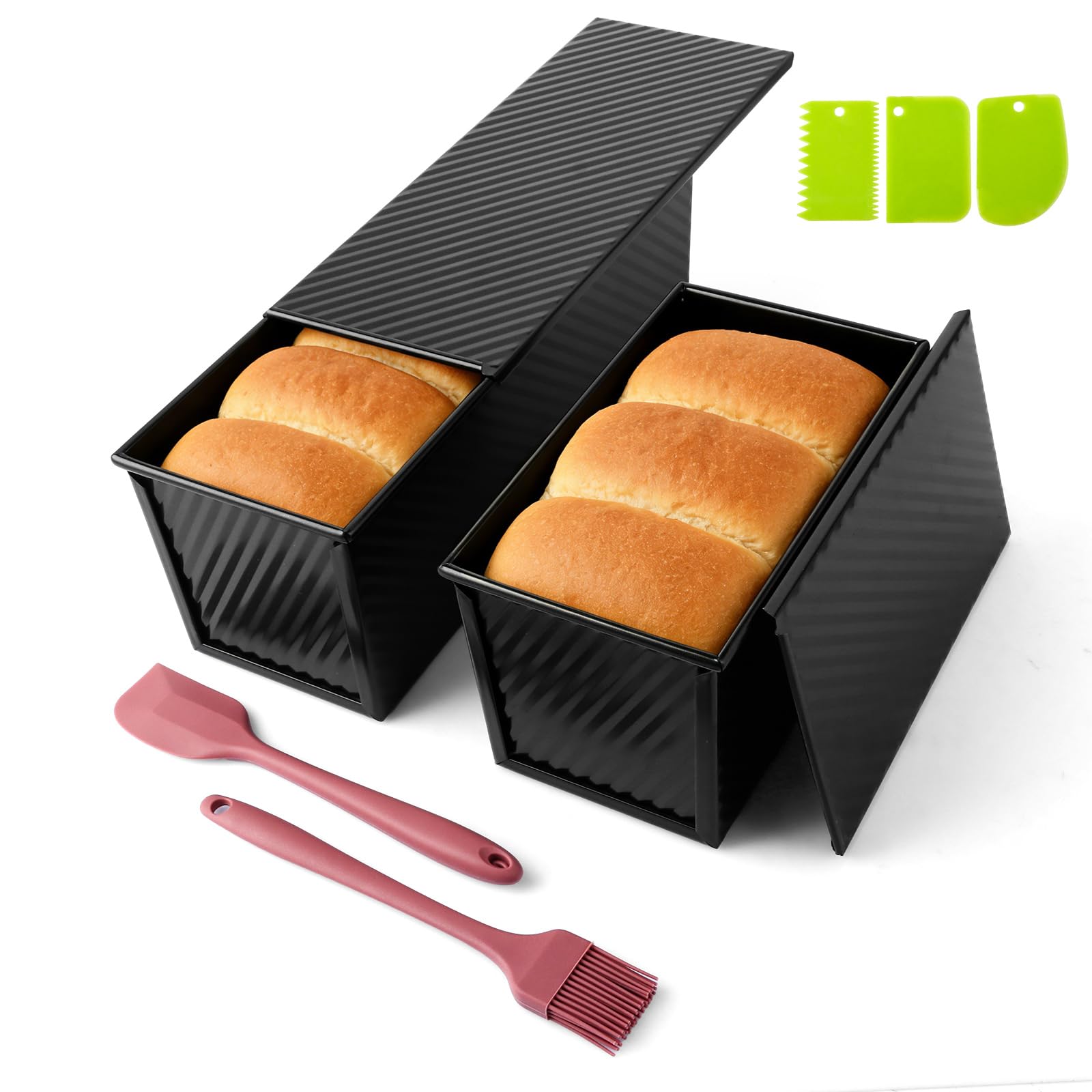 2 moldes para pan con tapa, 31,8 x 12 x 11,43 cm, con tapa, 21,6 x 12 x 11 cm, molde para pan tostado negro con orificios de ventilación, molde para pan, moldes antiadherentes para pan y