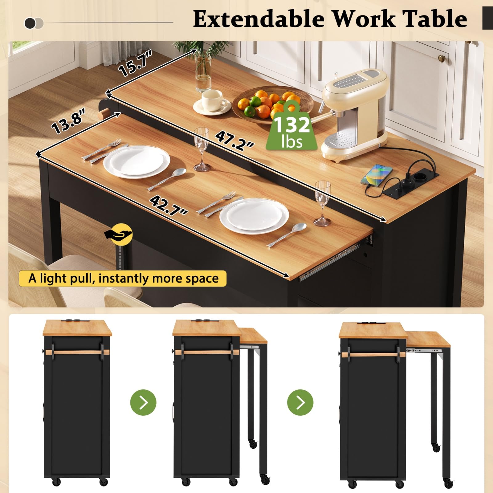 YEHTOKHOME Îlot Central Cuisine avec Station de Charge, Desserte de Cuisine avec Plans de Travail Extensibles, 2 Tiroirs, 2 Portes, Poubelle Intégrée, Porte Serviettes (A-Noir)