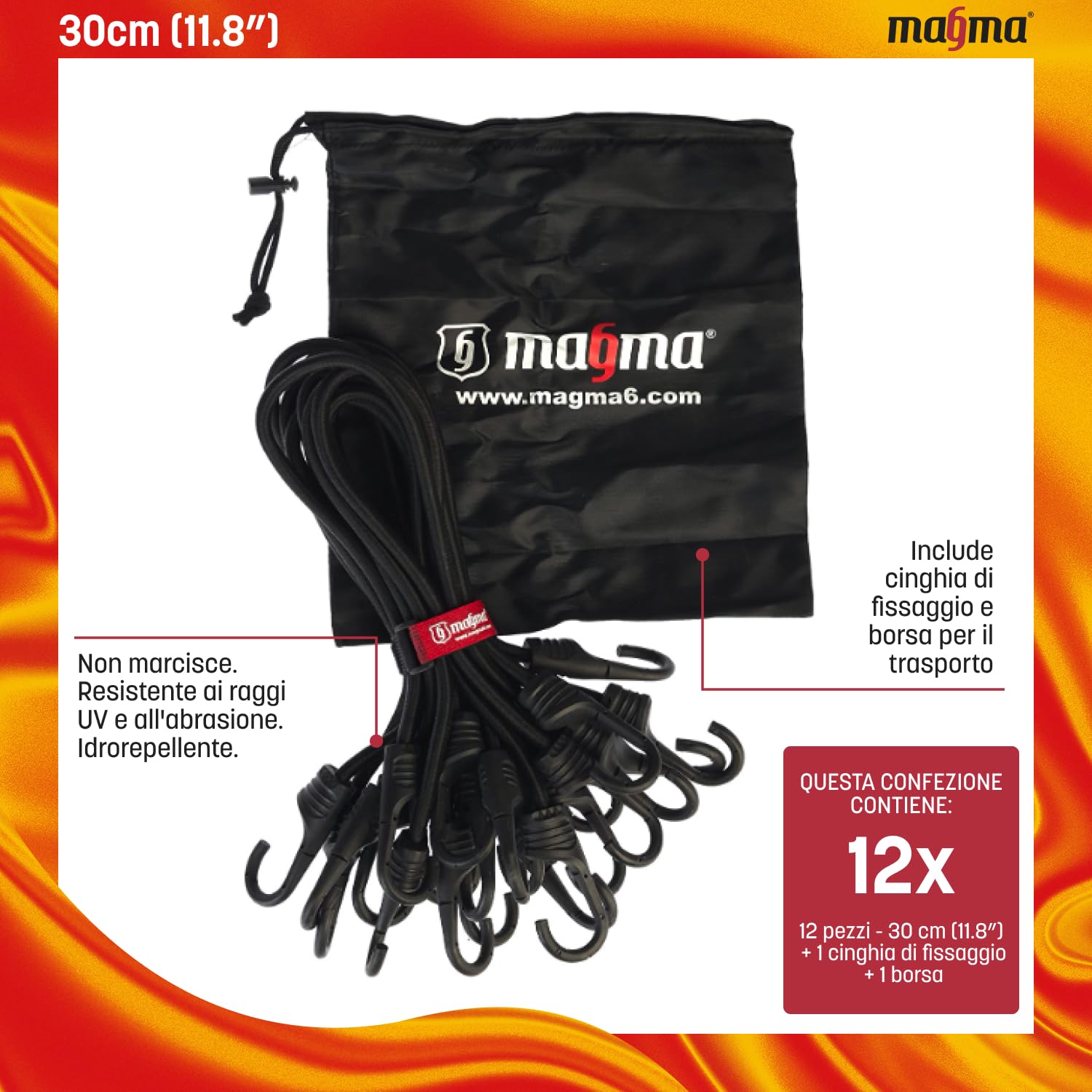 MAGMA Set da 12 Corde Elastiche | Cavi Extra Forti con Ganci | Cavi Elastici di Fissaggio Per Auto per Assicurare Portapacchi e Teloni | Per Campeggio, Uso Militare, Attività all’Aperto (30cm, Nere)