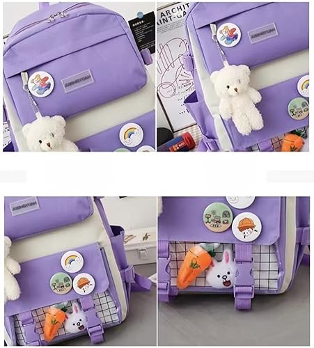Miniatura 6 de Juego de mochila Kawaii de 5 piezas, bonita mochila escolar estética, suministros juveniles, conjunto de mochila y accesorios, Mochila púrpura 1,